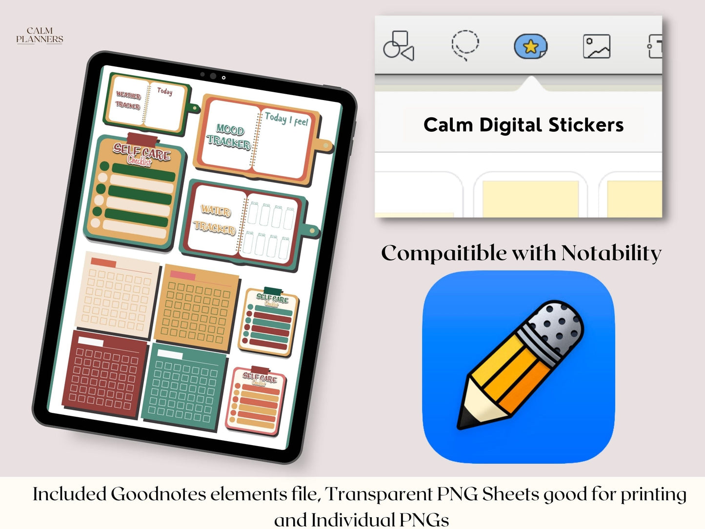 Goodnotes and Notability Calm Collection, Self-Care & Inspirational Stickers for Digital Planners, Android and iPad Stickerbook