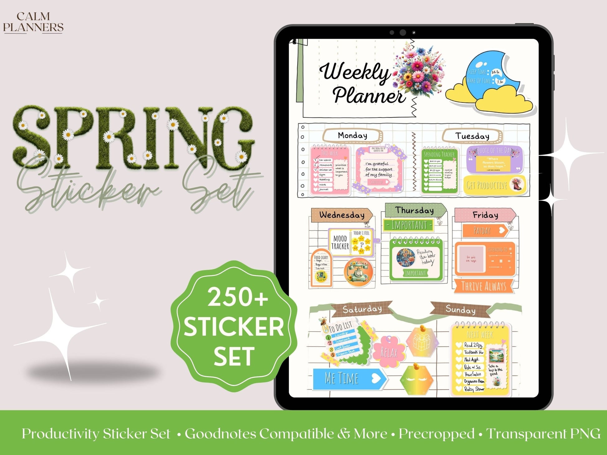 Spring Bloom: Cute Flower Memo, Date Sticker Kit for GoodNotes, OneNote and Notability, Everyday iPad Stickers for Weekly & Monthly Planning